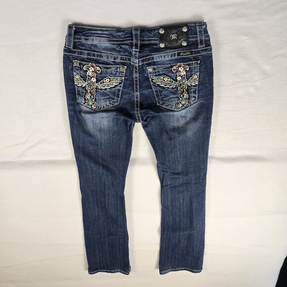 Miss Me Signature Womens Jeans 29x32 Boot Cut JP5998B Rhinestones Winged Cross - Picture 1 of 12